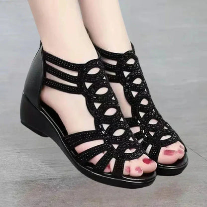 Rose Cut-Out Ankle Strap Wedge Sandal
