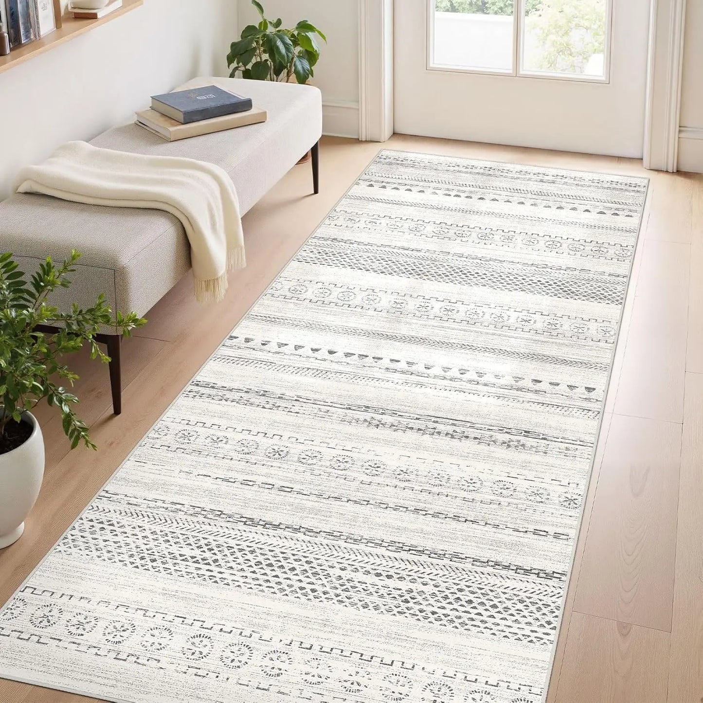 Washable Boho Farmhouse Bohemian Neutral Large Moroccan Geometric Soft No Slip Indoor Thin Floor Carpet for Bedroom Under Dining