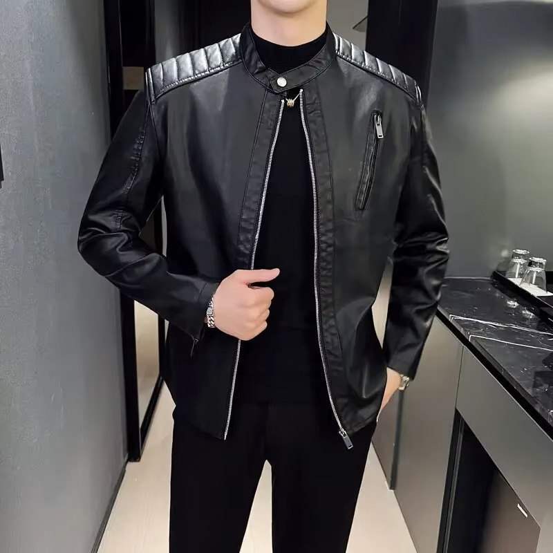 Men's PU Leather Motorcycle Jacket Zip Up Stand Collar Riding Coat for Spring and Fall TrendAura