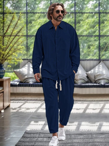 Thierry | Fashionable men's set of linen shirt and pants for spring