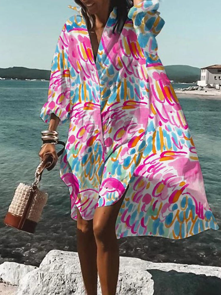 Women's Midi Shirt Dress with Button Closure and Short Sleeves