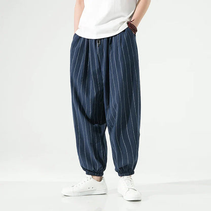 TrendAura Premium Cotton Striped Trousers For Men With Pinstripe Detailing And Elastic Waistband