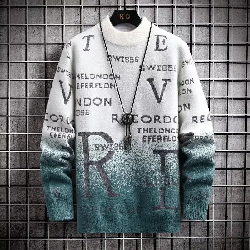 Mens Pullover Sweatshirt Relaxed Fit Knitted Wool Feel O Neck Text Print Modern Casual Everyday Wear TrendAura