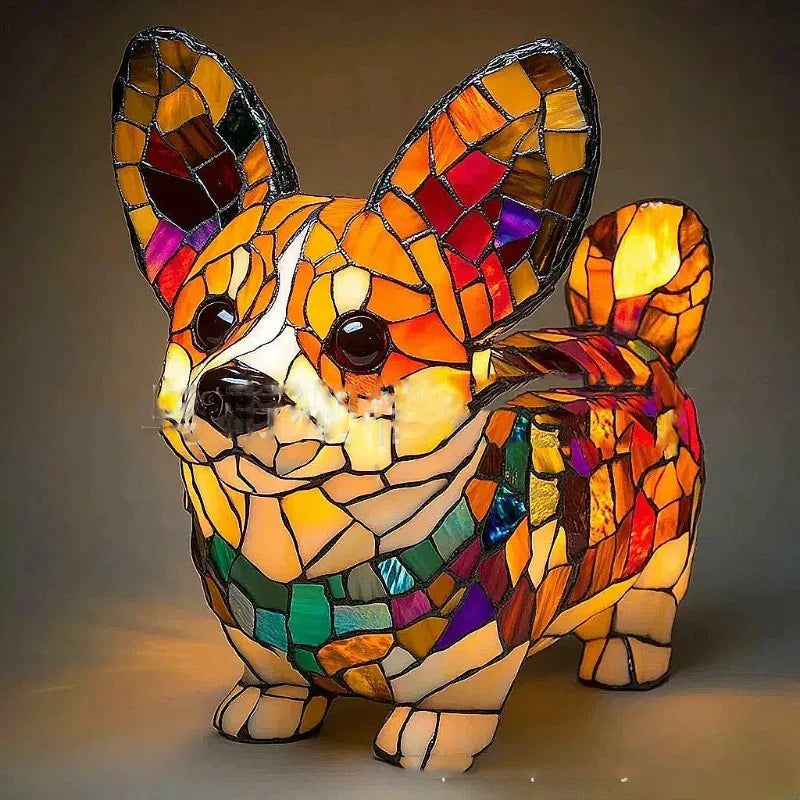 Art Nouveau Stained Glass Cat and Dog Table Lamp