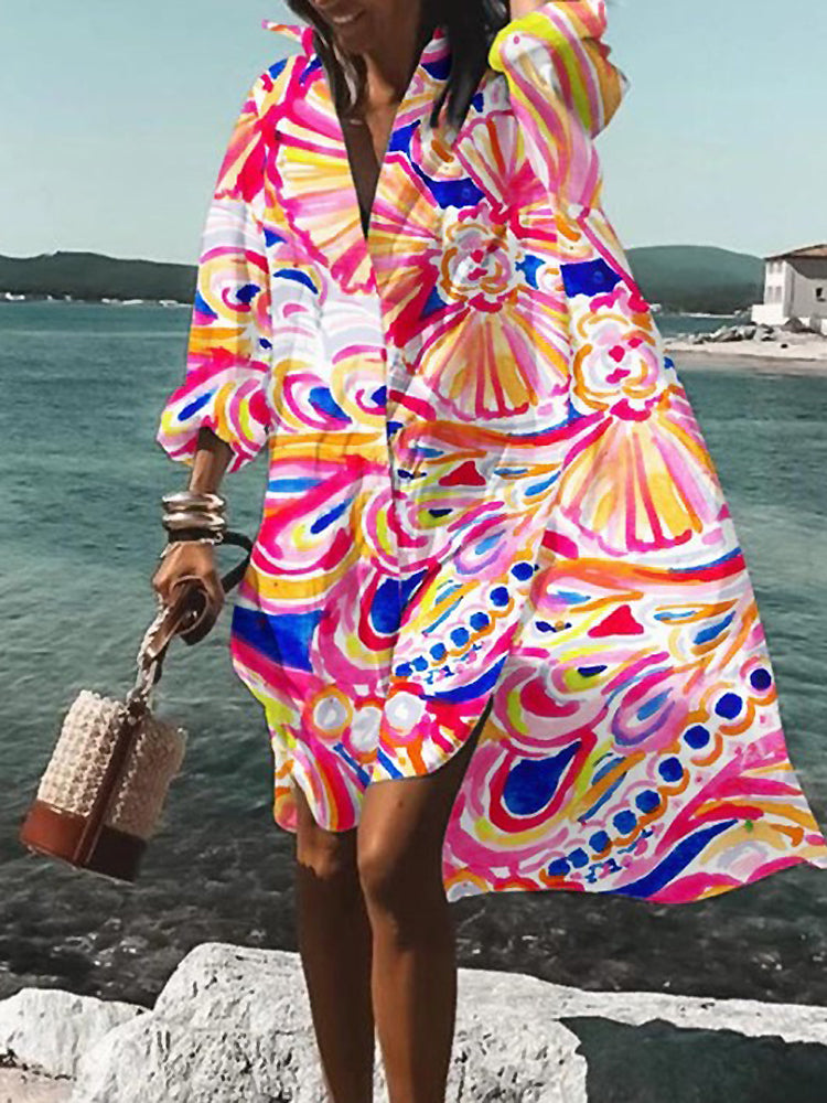 Women's Midi Shirt Dress with Button Closure and Short Sleeves