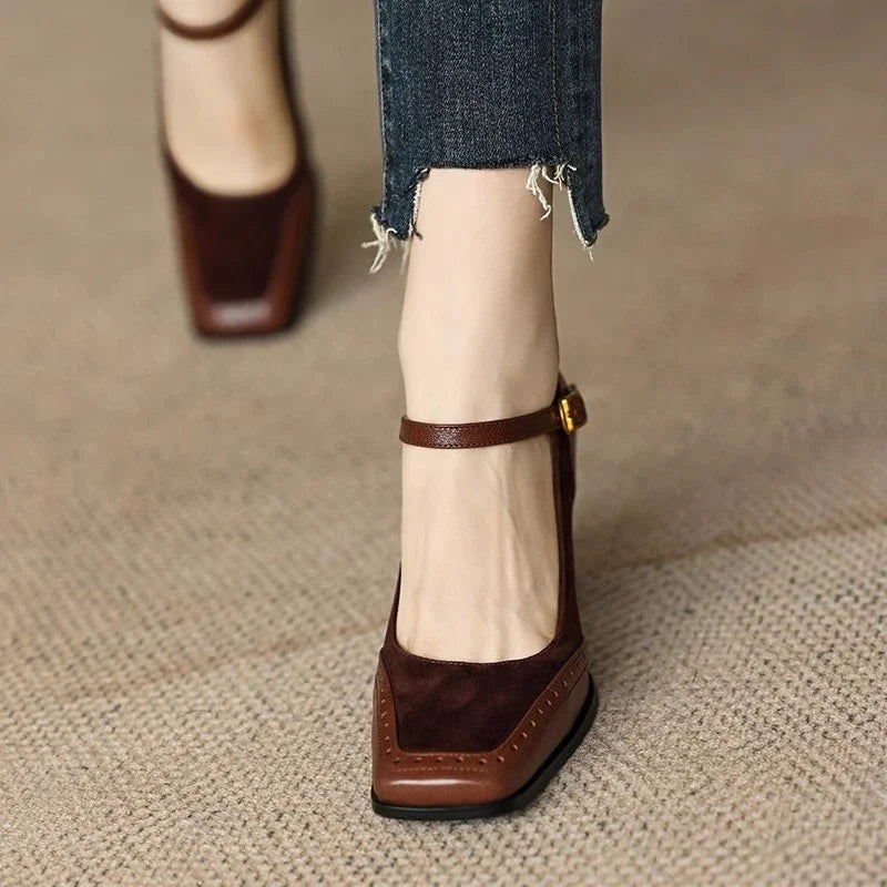 Women's Square Toe Block Heel Pumps with Ankle Strap and Brogue Design