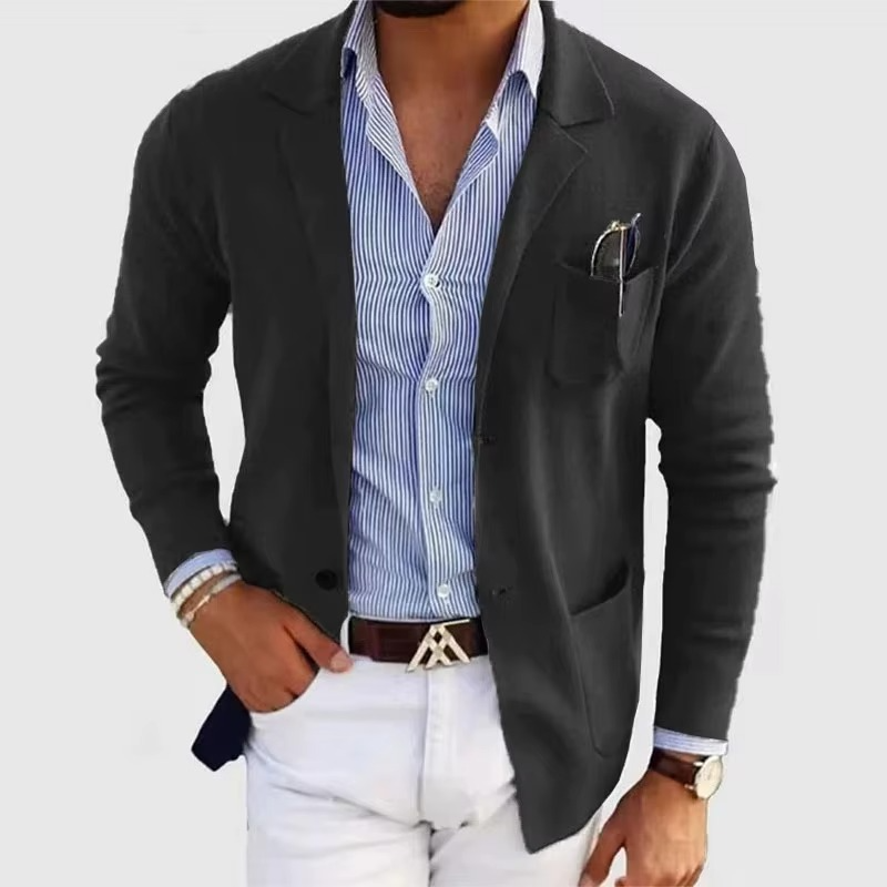 Men's Solid Color Knitted Cardigan Coat With Turn Down Collar And Multiple Pockets