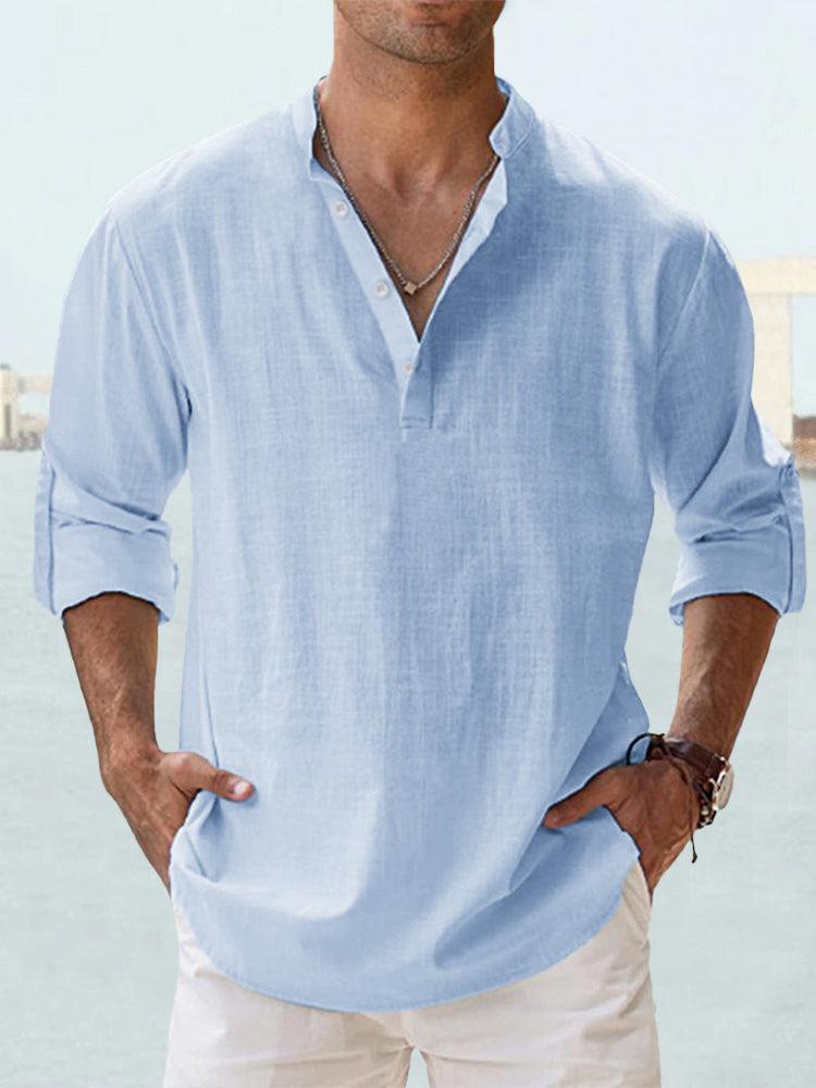 Hugo Linen Shirt for Men Mandarin Collar Casual Lightweight Long Sleeve Relaxed Fit Breathable Top
