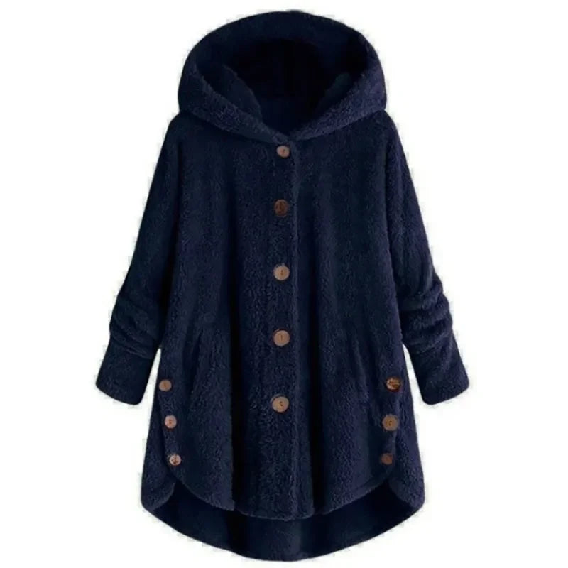 Women’s Fleece Jacket – Relaxed Fit – Hooded – Button Front – Plush Texture – Pockets
