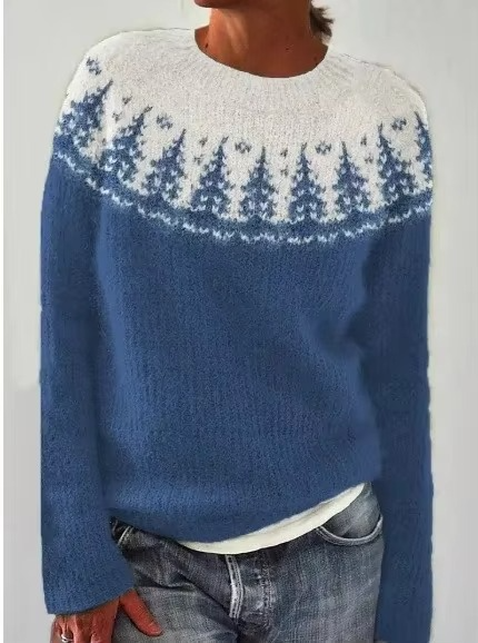 Color Block Loose Fit Women’s Knitwear Top with Round Neck and Full Sleeves