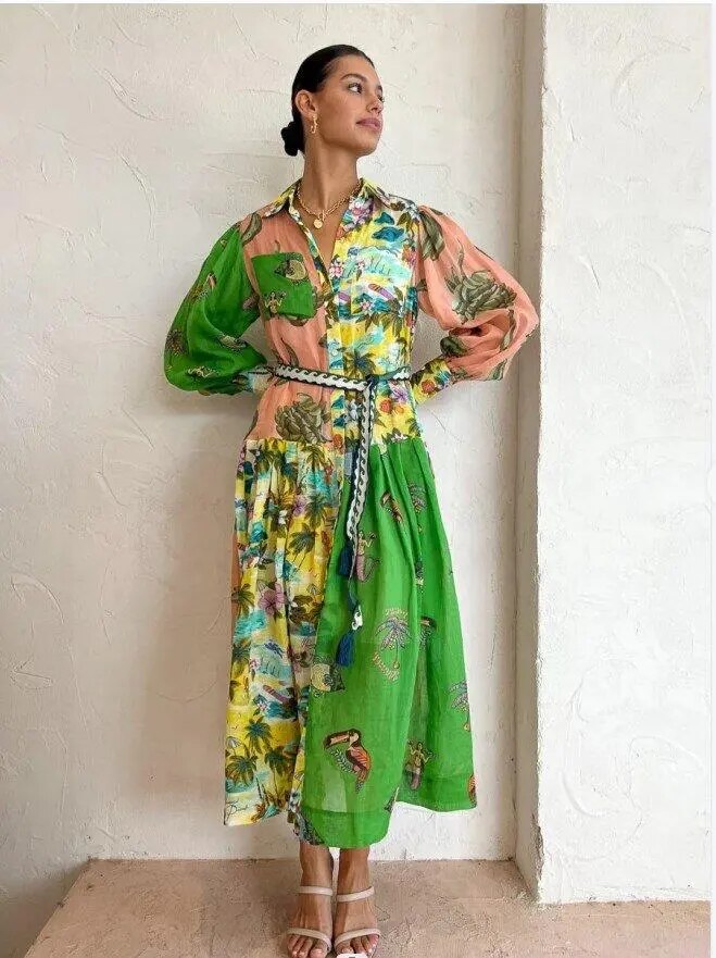 Matilda Women's Long Dress With Vintage Print And Polo Collar Elegant Versatile Daywear For Women