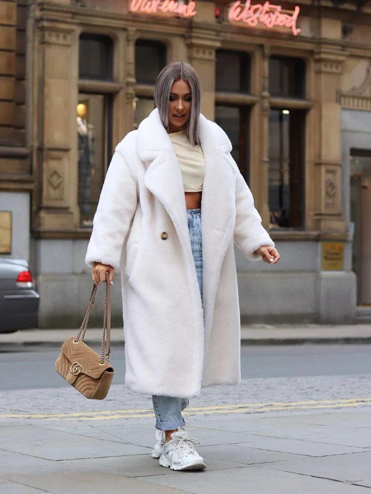 Women’s Longline Coat – Oversized Relaxed Fit – Plush Fuzzy Texture – Mid-Calf Length