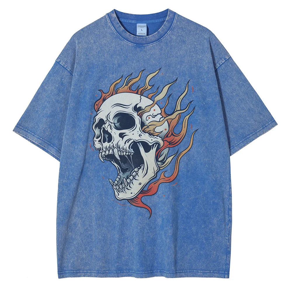TrendAura Bone Blaze Acid Wash Skull Tee With Flame Graphic Oversized Heavyweight One Hundred Percent Cotton