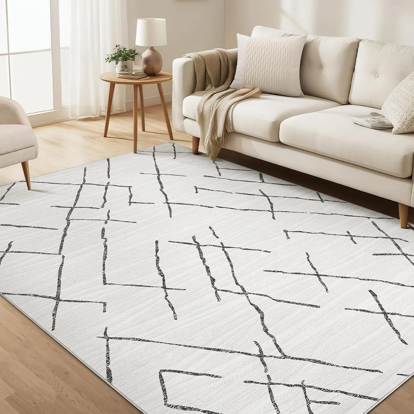 Washable Boho Farmhouse Bohemian Neutral Large Moroccan Geometric Soft No Slip Indoor Thin Floor Carpet for Bedroom Under Dining