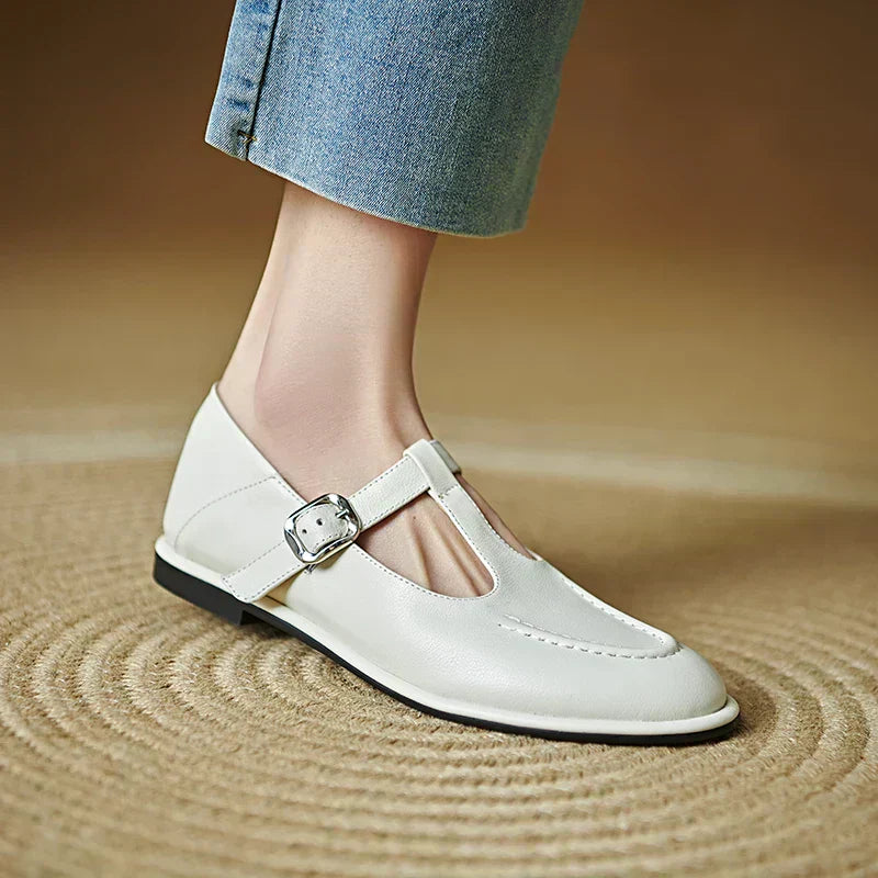 Women's T-Strap Low Heel Flats with Round Toe and Adjustable Strap