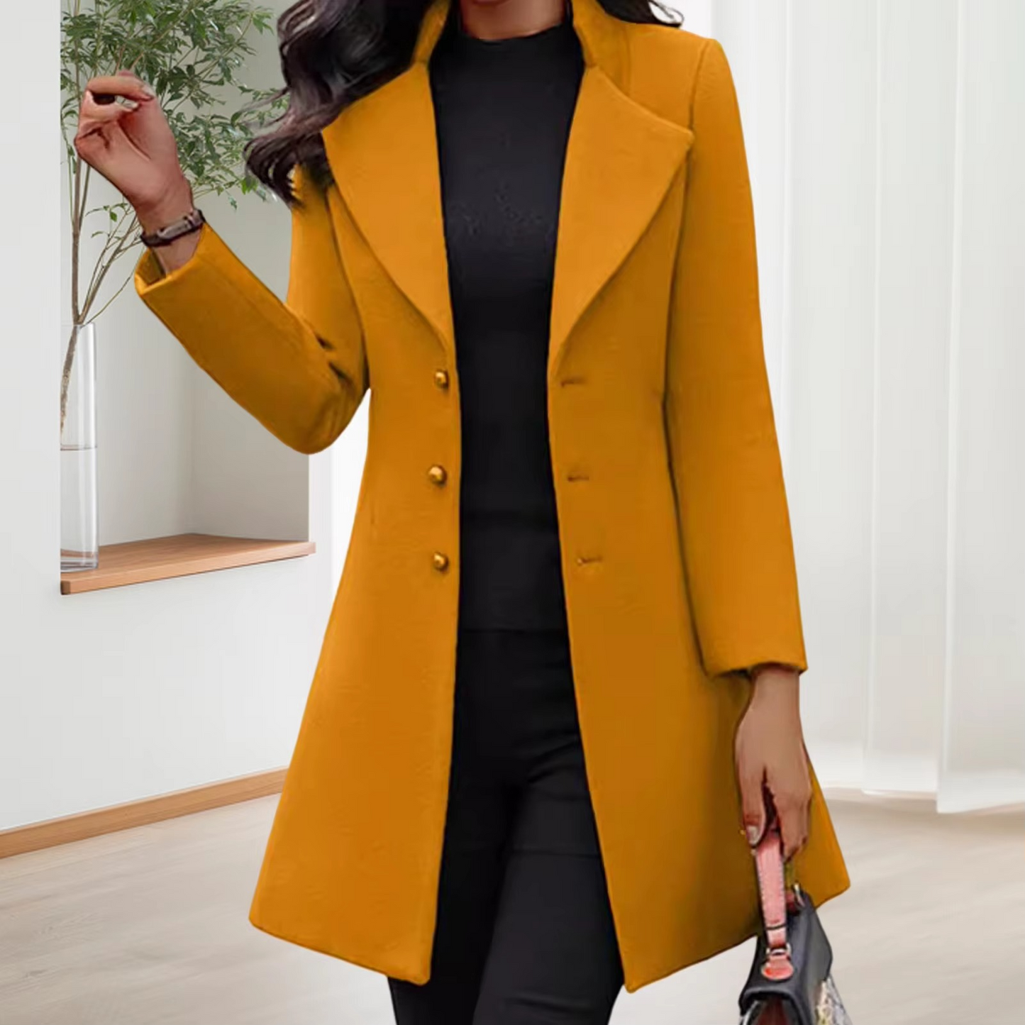 Women's Mid Length Wool Coat Slim Fit Single Breasted Winter Jacket