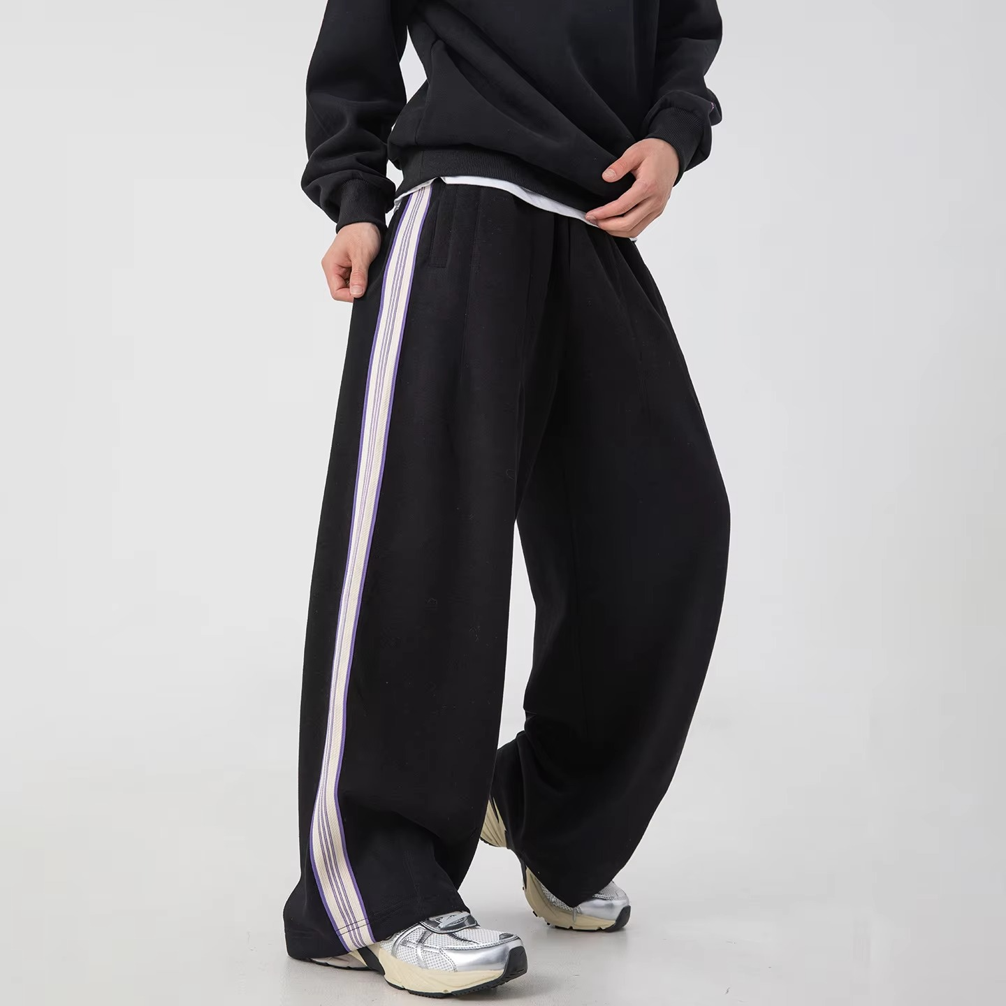 Mens Autumn Winter Stitch Design Sweatpants Loose Fit Elastic Waist Side Stripe Athletic Pants TrendAura