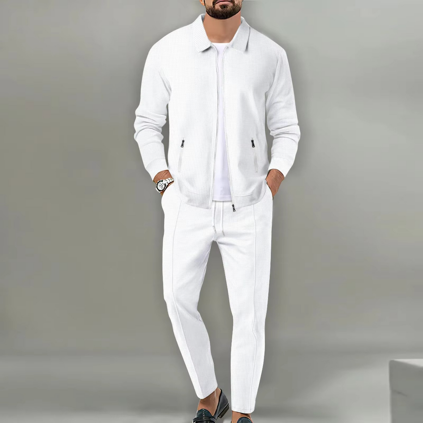 TrendAura Mens Two Piece Long Sleeve Polo Jacket Shirt With Matching Drawstring Pants Set For Everyday Comfort