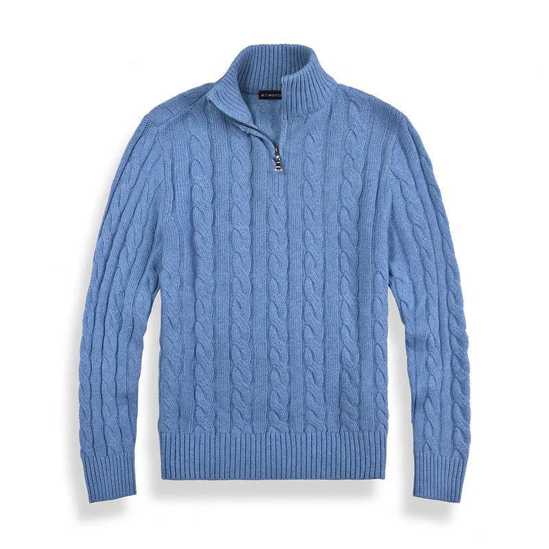TrendAura Henry Half Zip Cable Knit Sweater Wool Cotton Blend For Men With High Collar And Ribbed Details