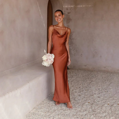 Women's Slip Dress - Satin Silk Look - Cowl Neck - Slim Fit - Spaghetti Straps