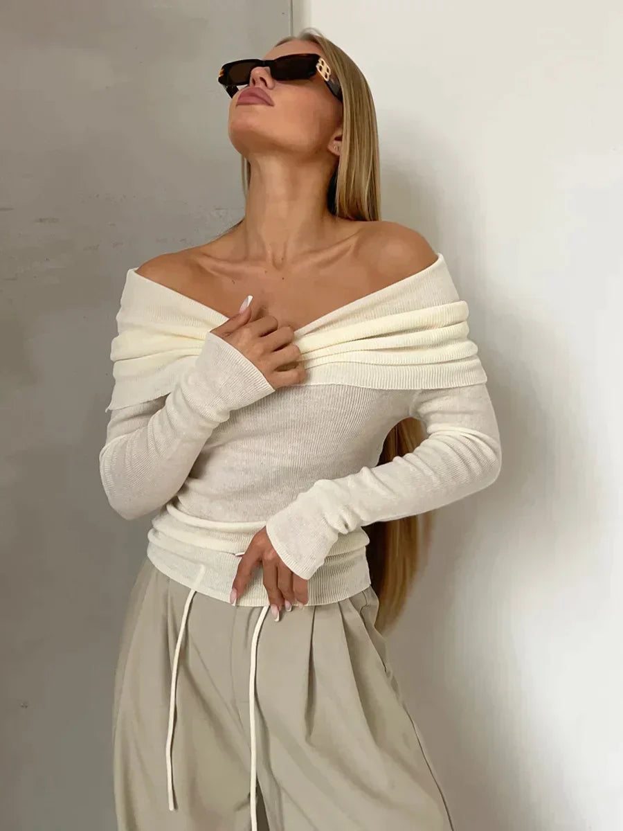 Women’s Off-Shoulder Sweatshirt – Ribbed Knit – Fitted Silhouette – Long Sleeve Top
