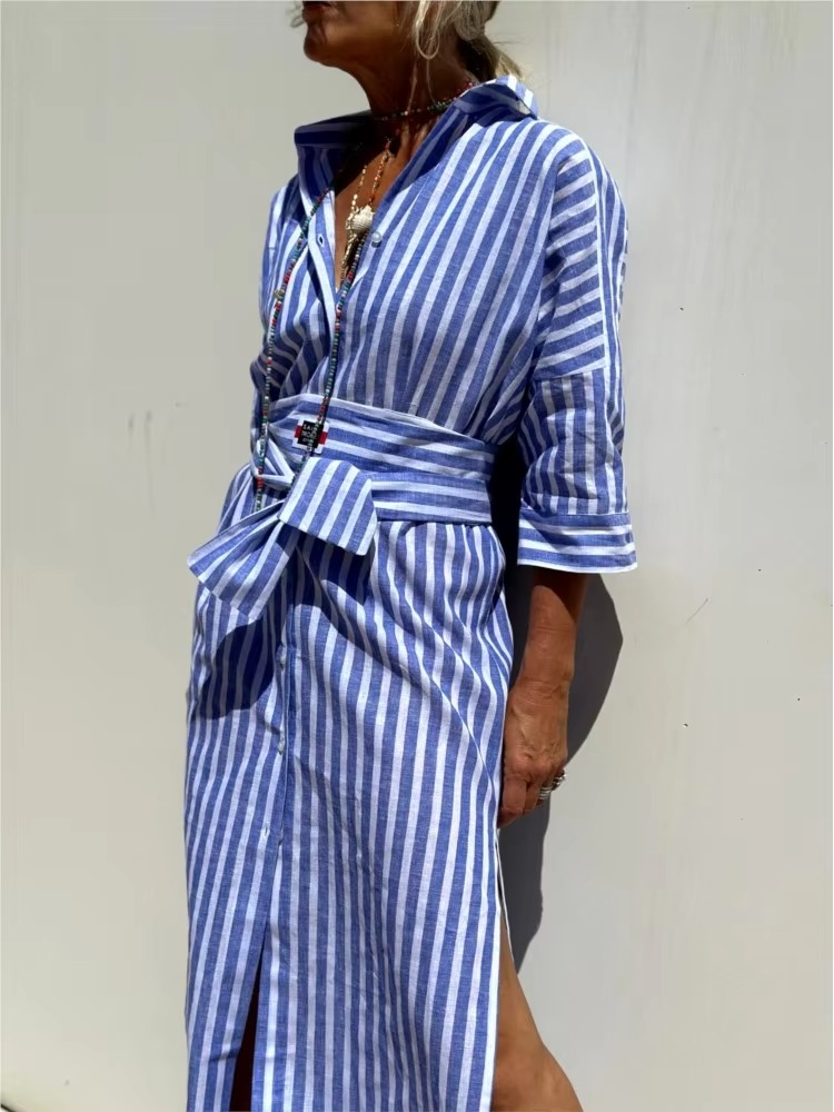 Elegant Striped Long Sleeve Shirt Dress for Women