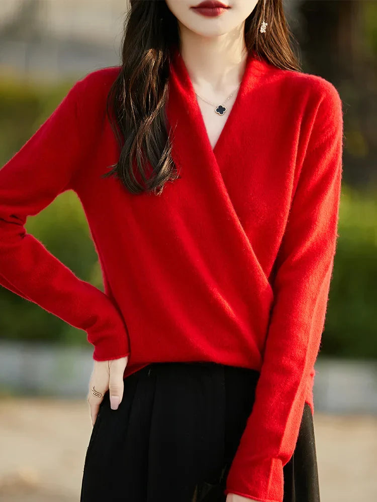 Women’s Pullover Sweater – Wool Knit – Relaxed Fit – V-Neck Long Sleeve Casual