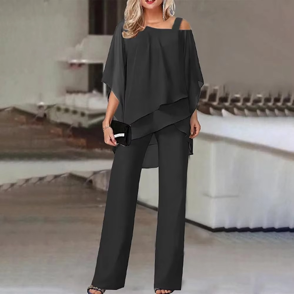Women's Summer Two-Piece Set, Bat Sleeve Camisole Top with Sloping Shoulder and Loose Casual Irregular Pants