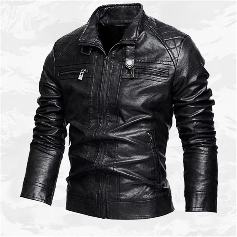 TrendAura Men Vintage PU Leather Moto Jacket Stand Collar Biker Coat For Autumn And Winter