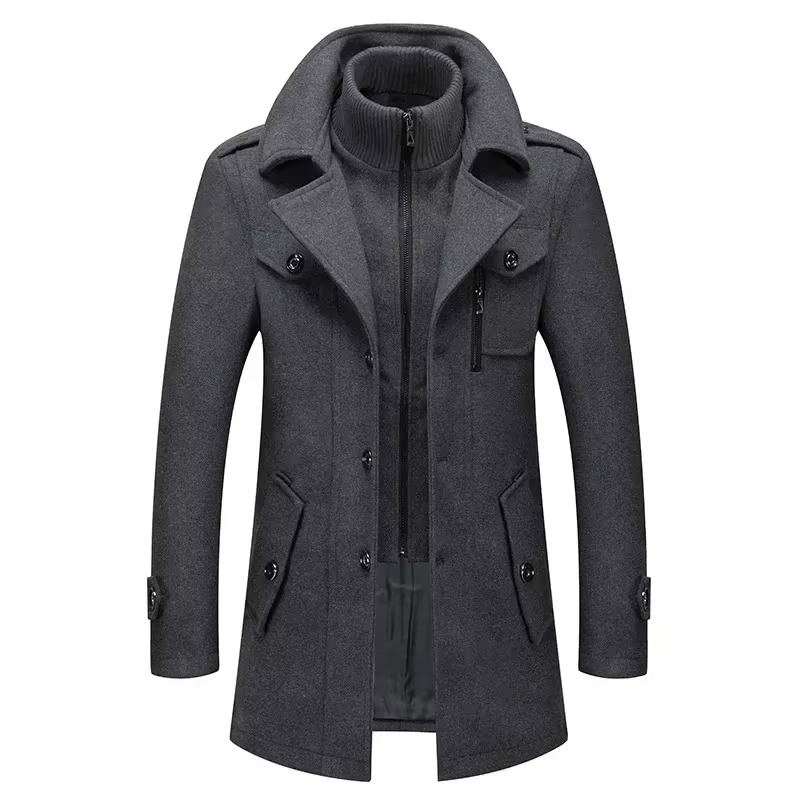 TrendAura Men's Mid Length Wool Trench Coat With Double Collar Zipper Overcoat For Fall And Winter