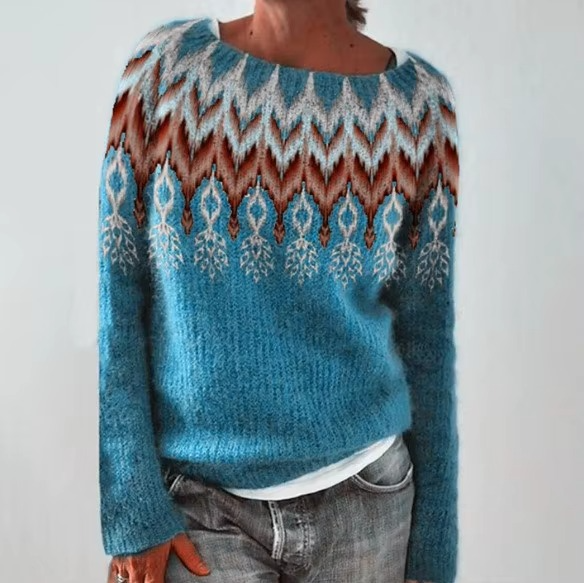 Loose Fit Round Neck Color Block Knitwear Women's Pullover Sweater Casual Long Sleeve