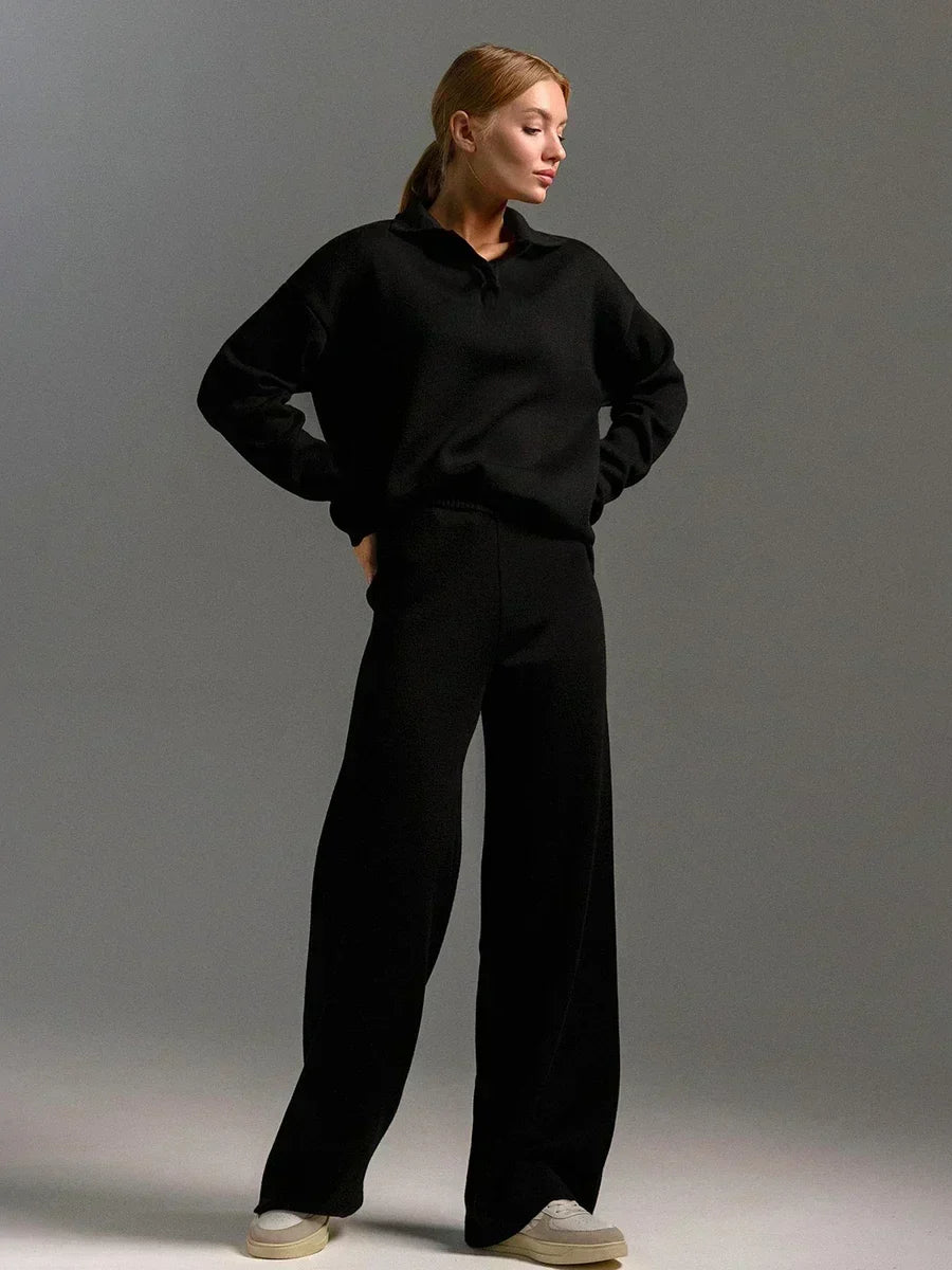 Women’s Two-Piece Knit Set – Relaxed Fit Polo Neck Sweater – High-Waisted Wide-Leg Pants