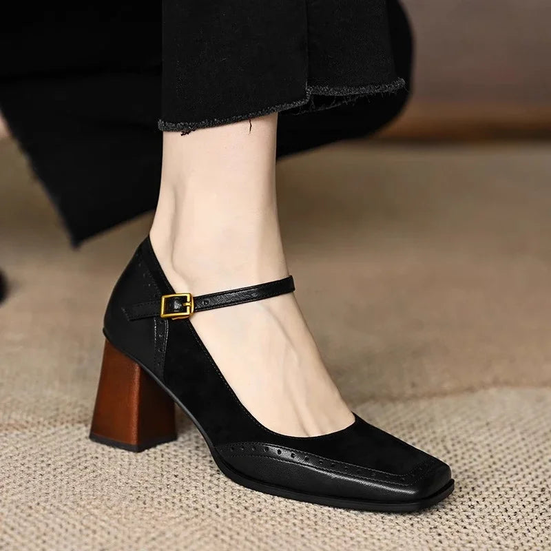 Women's Square Toe Block Heel Pumps with Ankle Strap and Brogue Detail