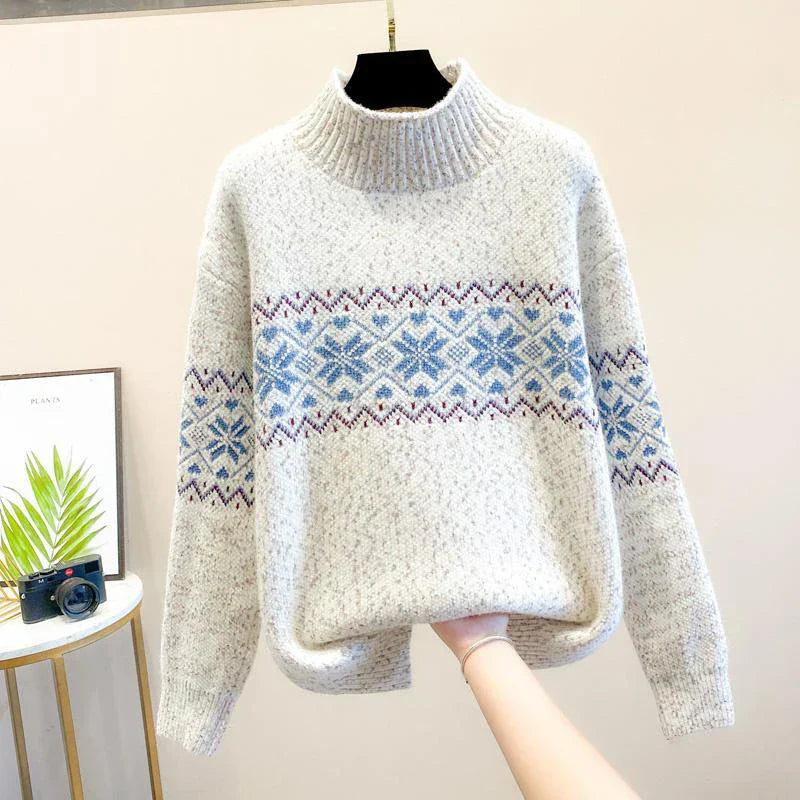 Women's Knit Sweater with Snowflake Pattern and Long Sleeves