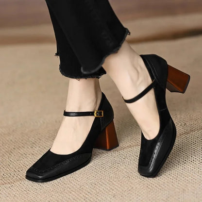Women's Square Toe Block Heel Pumps with Ankle Strap and Brogue Design