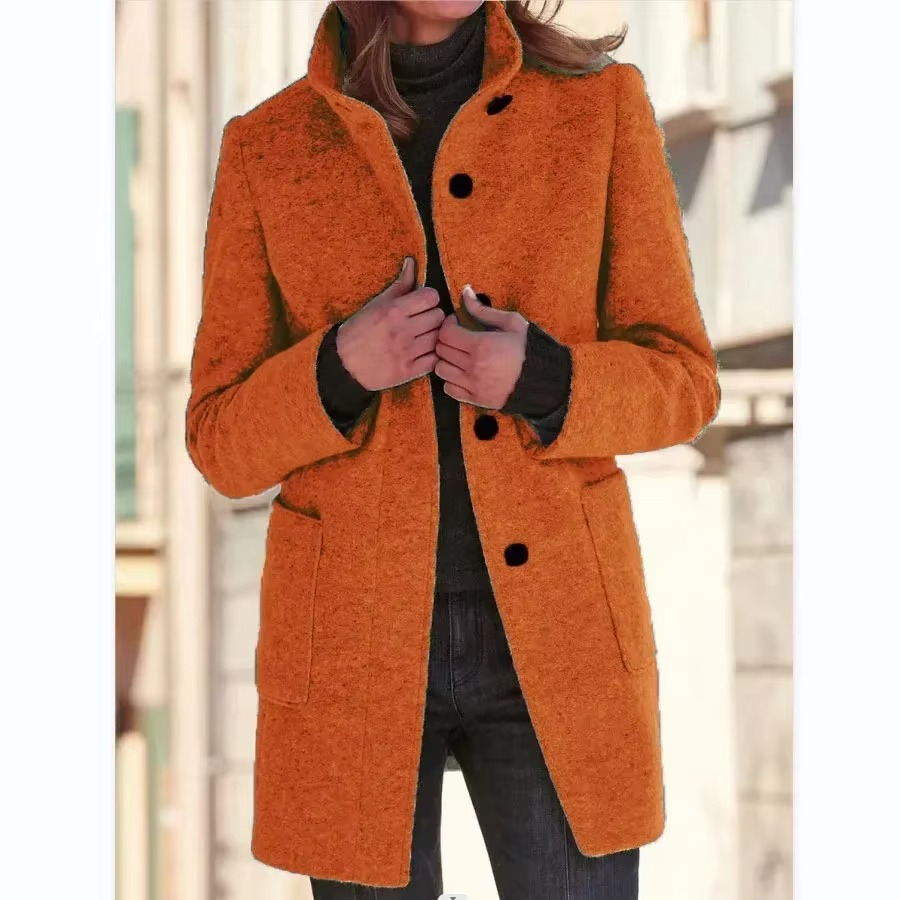 Spring 2025 Women’s Cotton Coat Black Stand Collar Casual Long Sleeve with Button Pockets