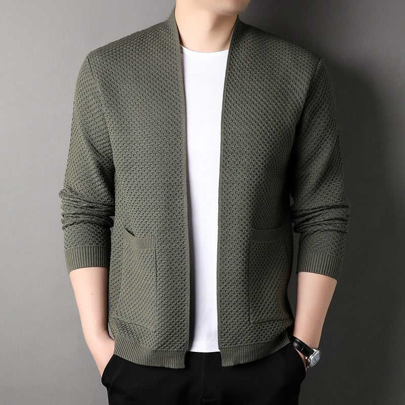 Arthur Men’s Slim Fit Knitted Cardigan With Pockets By TrendAura Textured Lightweight Knit Beige