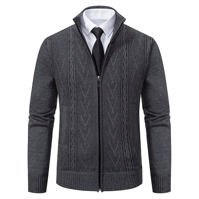 Men's Cardigan Sweater Slim Fit Wool Knit Full Zip Cable Knit Stand Collar Layering Essential