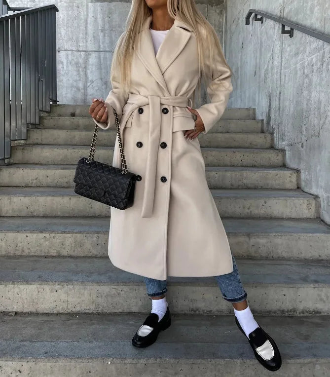 Long Double Breasted Winter Coat With Belt For Women Elegant Warmth And Sophistication