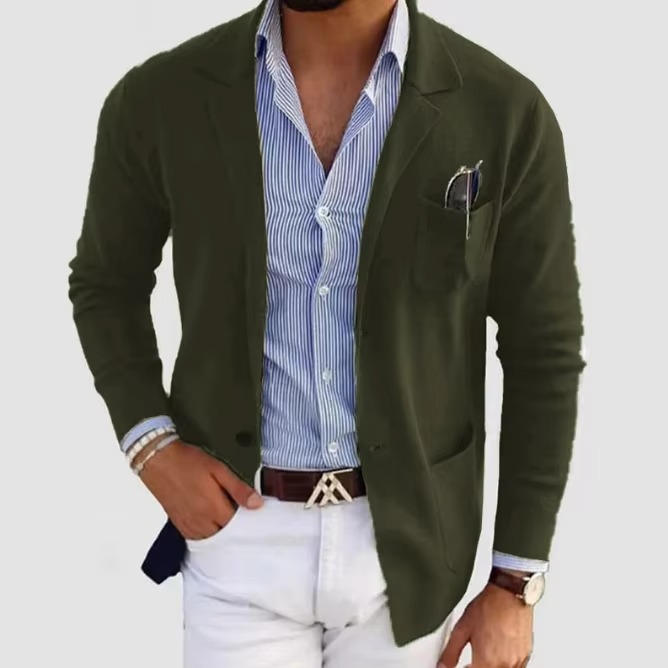 Men's Solid Color Knitted Cardigan Coat With Turn Down Collar And Multiple Pockets