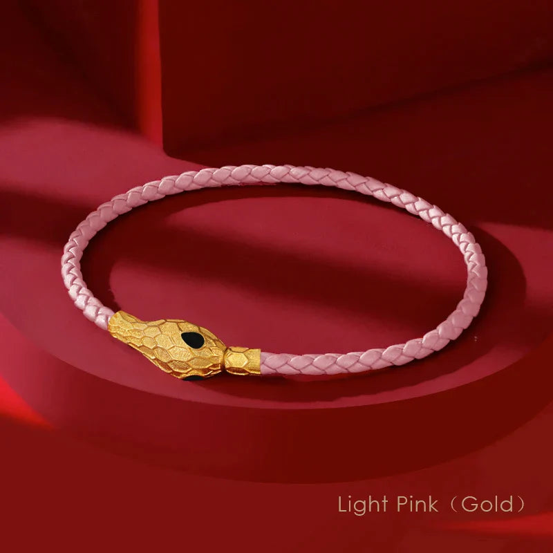Aspis Viper Handwoven Leather Bracelet with Gold Tinted Serpent Clasp for Men and Women