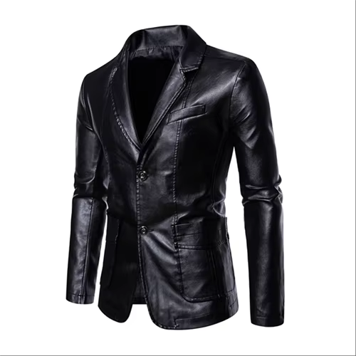 TrendAura Men's Business Casual Leather Jacket With Suit Collar Slim Fit In Black Or Khaki, Sizes Up To 5XL