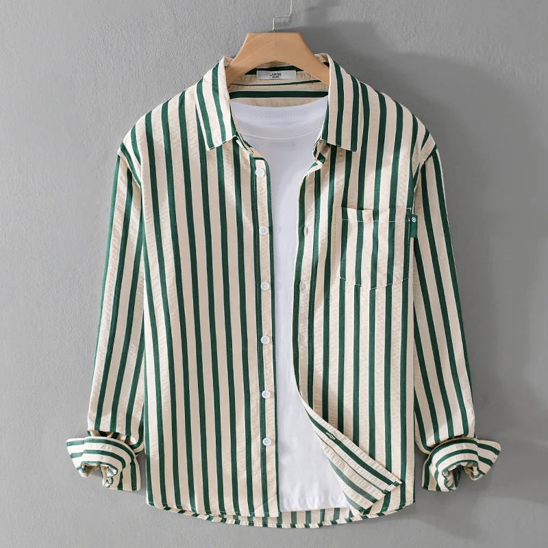 TrendAura Men's Striped Long Sleeve Shirt With Chest Pocket Button Closure Casual Dress Shirt