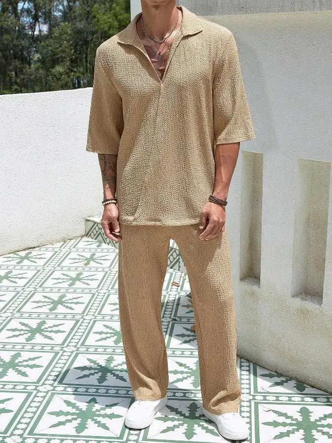 Max Men Two Piece Summer Shirt And Pants Set Breathable Lightweight Loose Fit Casual Style