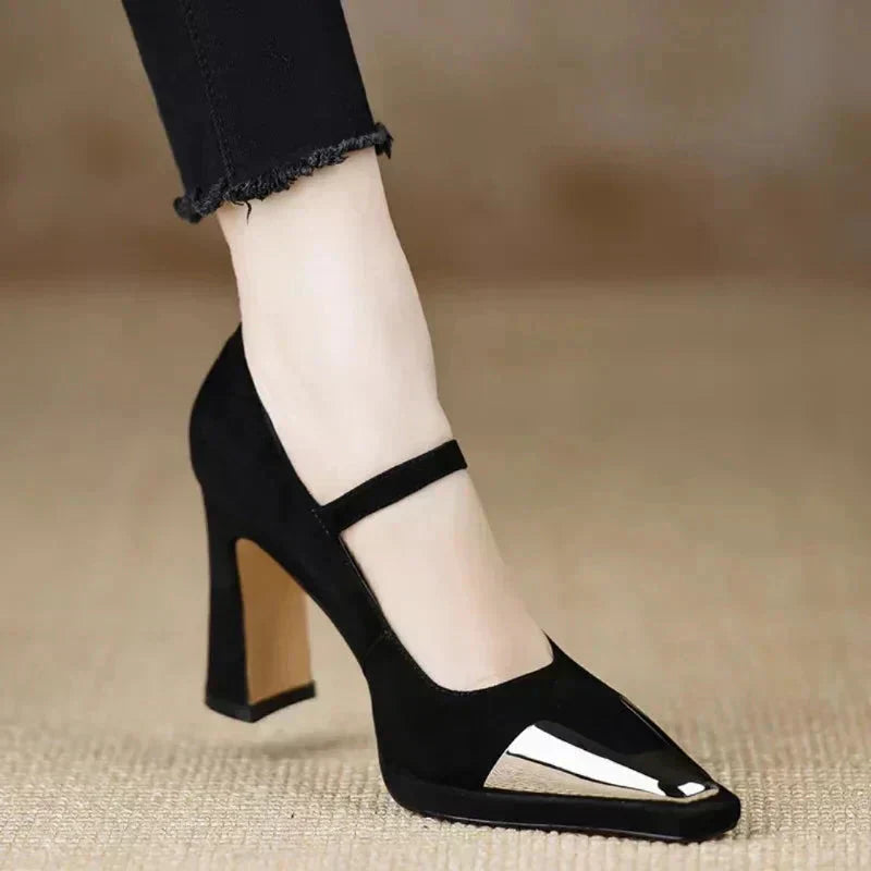 Women's High Heel Pumps with Cap Toe and Block Heel