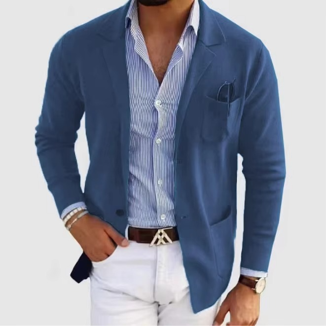 Men's Solid Color Knitted Cardigan Coat With Turn Down Collar And Multiple Pockets