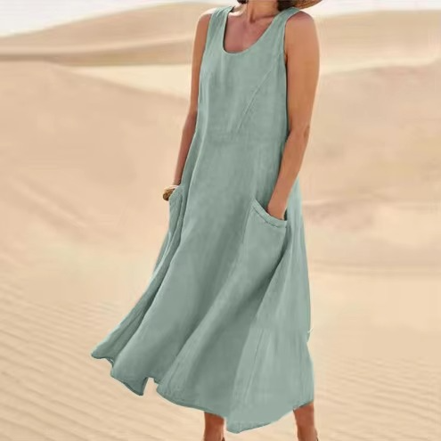 Women’s Cotton Linen Sleeveless Maxi Sundress with Pockets, Loose Fit Beachwear S-5XL