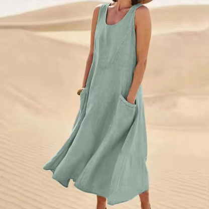 Women’s Cotton Linen Sleeveless Maxi Sundress with Pockets, Loose Fit Beachwear S-5XL