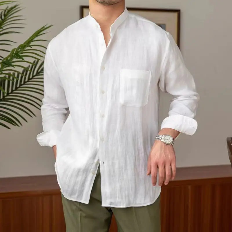 Men's Linen Shirt With Mandarin Collar Relaxed Fit Long Sleeve Button Closure TrendAura
