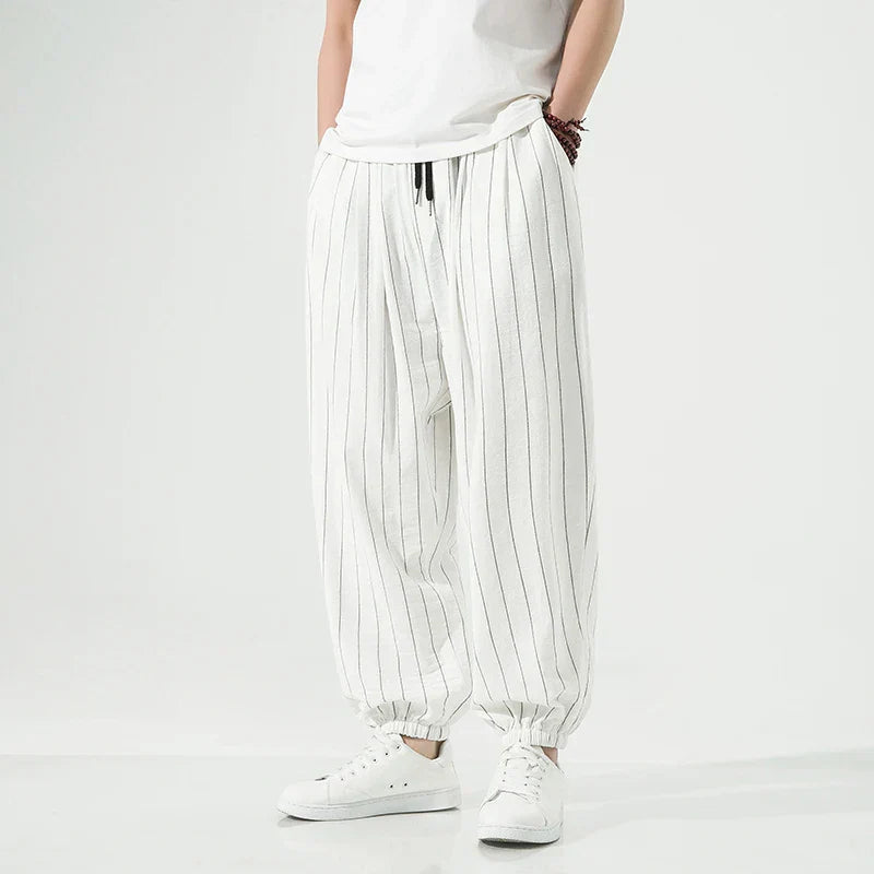 TrendAura Premium Cotton Striped Trousers For Men With Pinstripe Detailing And Elastic Waistband